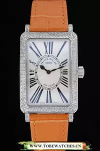 Franck Muller Long Island Classic White Dial Diamonds Case Orange Leather Band En60267