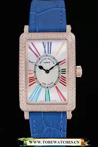Franck Muller Long Island Classic White Dial Diamonds Case Blue Leather Band En60271