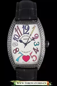 Franck Muller Heart Diamond Silver Bezel Black Leather Band En117991