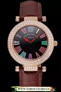 Franck Muller Double Mistery Ronde Black Dial Rose Gold Case Brown Leather Strap En122593