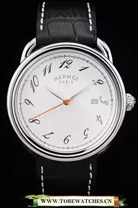 Hermes Arceau White Dial Black Leather Strap En58707