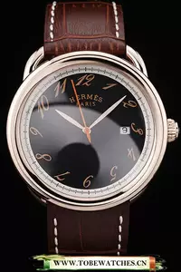 Hermes Arceau Black Dial Brown Leather Strap En58709