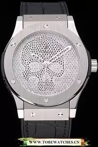 Hublot Classic Fusion Diamond Skull Dial Stainless Steel Case Black Leather Strap En120957