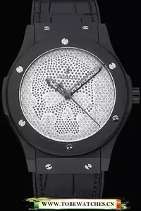 Hublot Classic Fusion Diamond Skull Dial Black Steel Case Black Leather Strap En120958