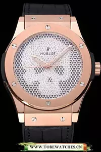 Hublot Classic Fusion Diamond Skull Dial Gold Case Black Leather Strap En120959