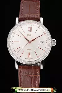 Iwc Portofino Silver Dial Stainless Steel Case Diamonds Bezel Brown Leather Strap En122036