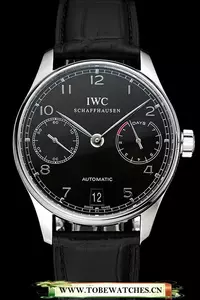 Iwc Portuguese Black Dial Silver Case Black Leather Bracelet En124521