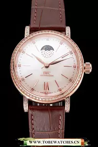 Iwc Portofino Moon Phase Silver Dial Rose Gold Case Diamonds Bezel Brown Leather Strap En122045