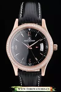 Jaeger Le Coultre Master Control Crystal Encrusted Bezel Black Leather Strap En58950