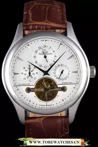 Jaeger Lecoultre Tourbillon Perpetuel Silver Bezel Brown Leather Band En59708