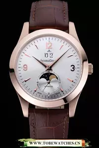Jaeger Lecoultre Master White Dial Brown Leather Band Rose Gold Bezel En59982