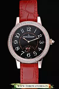 Jaeger Lecoultre Rendez Vous Black Dial Red Leather Strap Diamond Bezel En59985