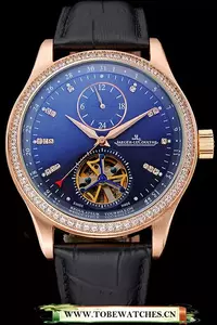 Jaeger Lecoultre Master Tourbillon Dualtime Black Dial Gold Case With Diamonds Brown Leather Strap En120754