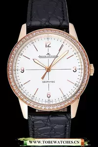 Jaeger Lecoultre Geophysic White Dial Gold Diamond Case Black Leather Bracelet En124890