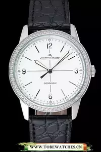 Jaeger Lecoultre Geophysic White Dial Silver Diamond Case Black Leather Bracelet En124891