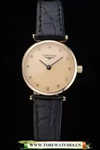 Longines La Grande Classique Champagne Dial Black Leather Band Diamond Markers Femme En60023