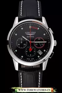 Longines Column Wheel Black Dial Silver Stainless Steel Case Black Leather Strap En121374