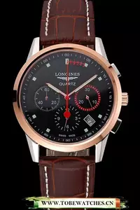 Longines Column Wheel Black Dial Two Tone Case Brown Leather Strap En121381