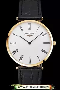 Longines Grande Classique White Dial Roman Numerals Gold Case Black Leather Strap En122754
