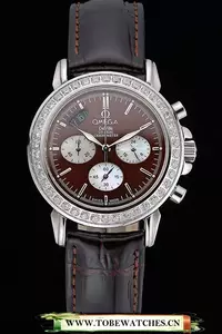 Omega De Ville Chronograph Brown Dial Stainless Steel Diamond Case Brown Leather Bracelet En60349