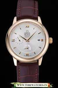 Omega Deville Prestige Silver Dial Gold Case Brown Leather Bracelet En60483