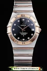 Omega Constellation Jewelry Rose Gold Case Radial Emblem Black Dial En58129