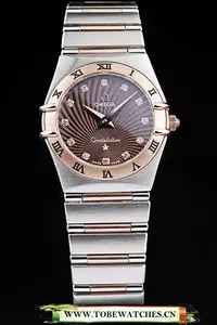 Omega Constellation Jewelry Rose Gold Case Radial Emblem Brown Dial En58139
