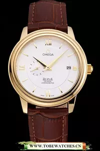 Omega De Ville Prestige Co Axial White Dial Gold Case Brown Leather Strap Roman Numeral En121238