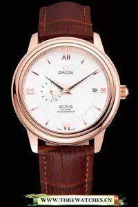 Omega De Ville Prestige Co Axial White Dial Rose Gold Case Brown Leather Strap Roman Numeral En121240