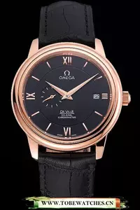 Omega De Ville Prestige Co Axial Black Dial Rose Gold Case Black Leather Strap Roman Numeral En121241