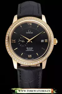Omega De Ville Prestige Co Axial Black Dial Gold Diamond Case Black Leather Strap Roman Numeral En121244