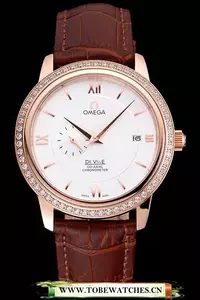 Omega De Ville Prestige Co Axial White Dial Rose Gold Diamond Case Brown Leather Strap Roman Numeral En121245