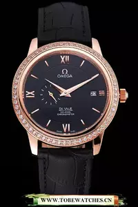 Omega De Ville Prestige Co Axial Black Dial Rose Gold Diamond Case Black Leather Strap Roman Numeral En121246
