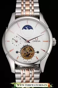 Omega De Ville Moonphase Tourbillon White Dial Stainless Steel Case Two Tone Steel Rose Gold Bracelet En122945
