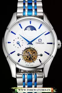 Omega De Ville Moonphase Tourbillon White Dial Stainless Steel Case Two Tone Steel Blue Bracelet En122946