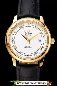 Omega De Ville Prestige White Dial Gold Case Black Leather Strap En123359
