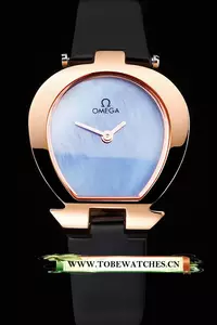 Omega Ladies Watch Sky Blue Dial Gold Case Black Leather Strap En120776