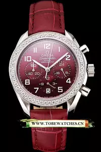 Omega Speedmaster Burgundy Dial Stainless Steel Case Diamond Bezel Burgundy Leather Strap En122461