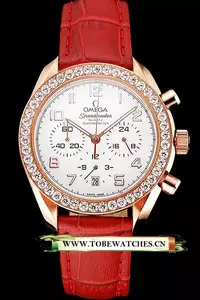 Omega Speedmaster White Dial Rose Gold Case Diamond Bezel Red Leather Strap En122462
