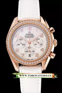 Omega Speedmaster White Dial Rose Gold Case Diamond Bezel White Leather Strap En122463