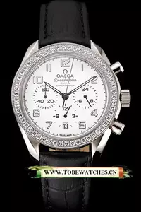 Omega Speedmaster White Dial Stainless Steel Case Diamond Bezel Black Leather Strap En122464