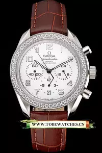 Omega Speedmaster White Dial Stainless Steel Case Diamond Bezel Brown Leather Strap En122465