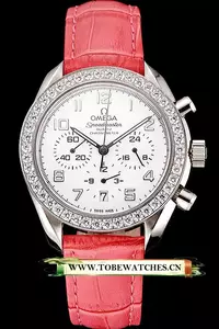 Omega Speedmaster White Dial Stainless Steel Case Diamond Bezel Pink Leather Strap En122466