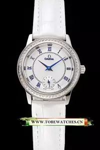 Omega De Ville Prestige Small Seconds White Dial Diamond Bezel Stainless Steel Case White Leather Strap En123368