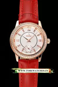Omega De Ville Prestige Small Seconds White Dial Diamond Bezel Rose Gold Case Red Leather Strap En123372