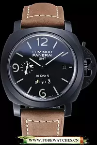 Panerai Luminor Gmt Ion Plated Stainless Steel Bezel Khaki Leather Bracelet En60211