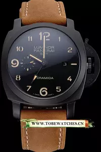 Panerai Luminor 1950 Gmt Ceramica Black Dial Matte Black Case Brown Suede Leather Strap En121405