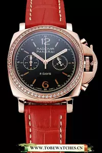 Panerai Radiomir 8 Days Chronograph Black Dial Diamond Bezel Rose Gold Case Red Leather Strap En123902