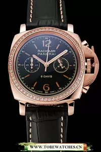 Panerai Radiomir 8 Days Chronograph Black Dial Diamond Bezel Rose Gold Case Black Leather Strap En123903