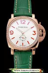 Panerai Radiomir White Dial Diamond Bezel Rose Gold Case Green Leather Strap En123908